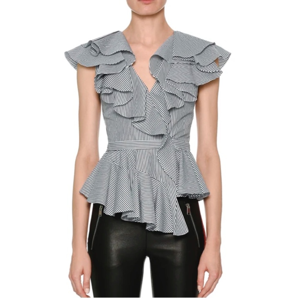 Alexander McQueen Navy and White Striped Ruffle Peplum Top - Picture 6 of 9